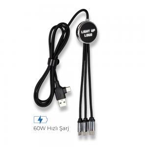 Işıklı Logo 60W Hızlı Type-C Uçlu Data Transferli Şarj Kablosu